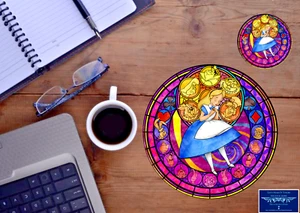 ALICE IN WONDERLAND STAINED GLASS DESIGN  MOUSE PAD & DRINK COASTER 2pc GIFT SET - Picture 1 of 1