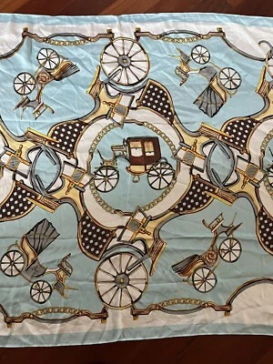 Silk Scarf Regal Horse Carriage M Blue Gold White Classic Equestrian Old Money - Image 1 of 4
