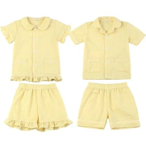 100% Cotton Pajama Two Pieces Short Set Monogram Summer Pijamas Yellow Plaid - Picture 1 of 22