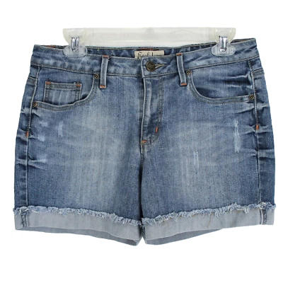 Earl Jean Shorts Womens 8 Medium Wash Distressed Blue Denim Cuffed Flap Pockets - Image 1 of 3