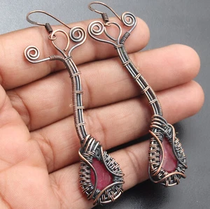 Ruby Gemstone Copper Wire Wrapped Handmade Earrings 3.2" Jewelry A441 - Picture 1 of 3