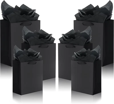 Paquete de 12 bolsas de regalo negras con asas de cinta, bolsas de regalo de papel Kraft con pañuelo P Foto 1 de 4
