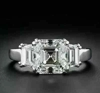 Women's 3Ct Asscher Cut Moissanite Engagement Wedding Ring 14k White Gold Plated - Image 1 of 4