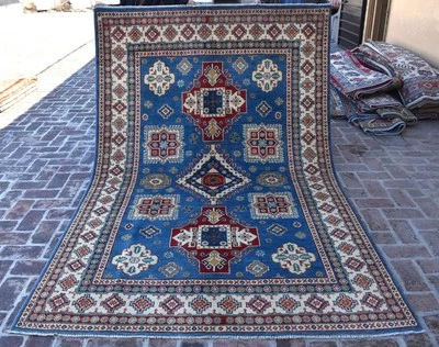 Hand Knotted Afghan Kazak Area Rug 6x9 ft Fine Blue Geometric Tribal Wool Carpet - Image 1 of 4