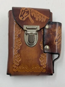 Vintage Hand Tooled Leather Cigarette Case with Side Lighter Pouch Western Horse - Picture 1 of 6