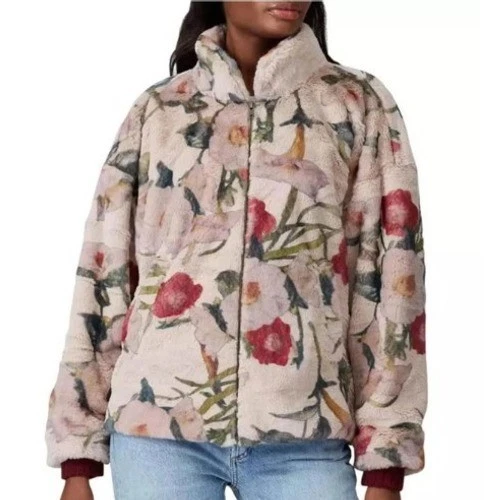 Anthropologie Hutch 3X Florita Teddy Bear Faux Fur Floral Zip Up Jacket Bomber - Image 1 of 4