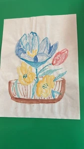 2016 Chamion Tulips & Poppies Watercolor – Modern Floral Art in Basket Unframed - Picture 1 of 6