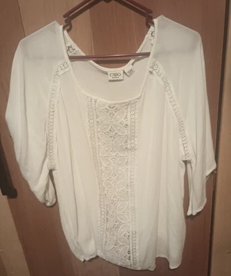 Cato 女式白色低圆领波西米亚套衫上衣 18/20W 码 — 第 1/4 张图片