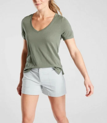ATHLETA WOMEN'S LAUREL OLIVE SCOOP V-NECK SHORT SLEEVE BREEZY TEE PETITE Sz SP - Image 1 of 2