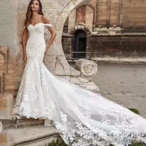 Sexy Off Shoulder Mermaid Wedding Dress Lace Appliques Bridal Gown with Train - Picture 1 of 8