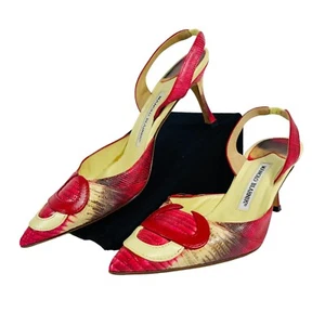 Manolo Blahnik Carolyne Slingback Pump 38.5 US 8.5 Leather Print Red Cream FLAW - Picture 1 of 17