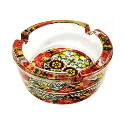 WISE SKIES Assorted Sugar Skull Design Glass Ashtray Rolling Accessories Funky Design