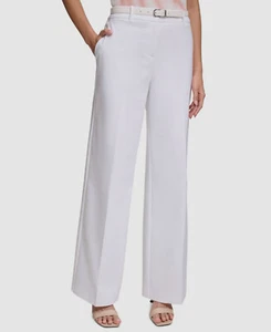 Calvin Klein Women's White Solid High-Rise Belted Wide-Leg Pants Size 4 - Picture 1 of 3
