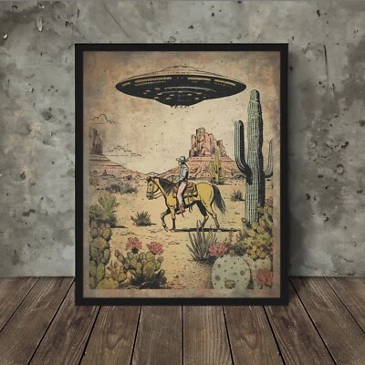 OLD WEST UFO COWBOY Poster, Western Cactus Alien Wall Art, Retro Sci-fi Decor - Image 1 of 4