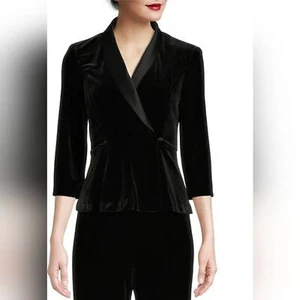 Alex Evening Damen Xl Top Satin Hochformat Kragen 3/4 Arm Schößchen Wickel Samt - Bild 1 von 3