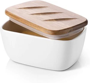 Ceramic Butter Dish w/ Wood Lid,Holds 3 Sticks,Butter Keeper w/ Silicone Sealing - Picture 1 of 8