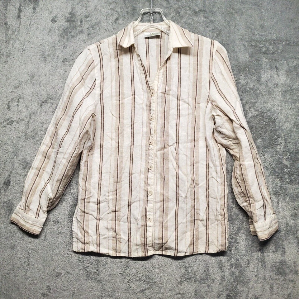Studio Works 亚麻衬衫女式小号米色条纹卷袖纽扣前襟 — 第 1/4 张图片