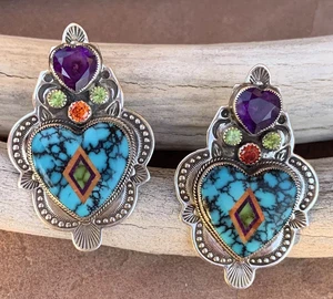 Aldrich Art * Stunning Spider Web Turquoise & Amethyst Heart Earrings - Picture 1 of 5
