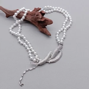 Collar gargantilla 2 filas 6 mm concha de mar blanco perla circonita colgante pavé - Imagen 1 de 5