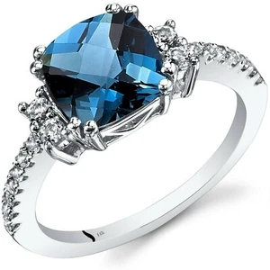 14K White Gold London Blue Topaz Ring Cushion Cut 2.50 Cts Sizes 5 to 9 - Picture 1 of 4