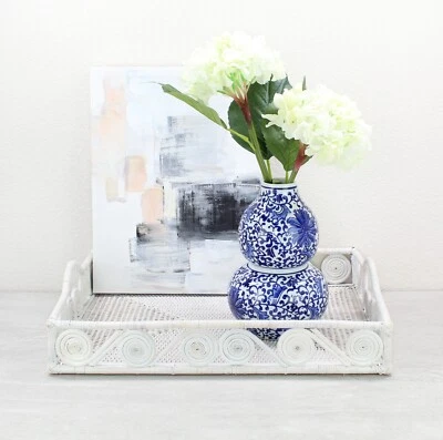 New Swirly Rectangle Rattan Extra Large Tray with Handles-Whitewash-20" - Image 1 of 4