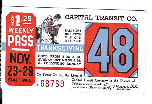 Capital Transit Weekly Pass - 1941 week # 48, Thanksgiving | eBay