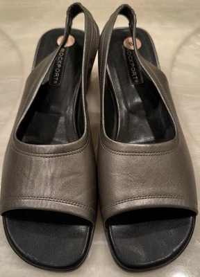 Rockport Leather Slingback Block Heel Sandals Metallic Pewter 8.5M NWOT - Image 1 of 4