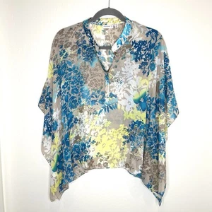 Susan Graver Sheer Top Womens Plus 1X Floral Blue Gray Button - Picture 1 of 5