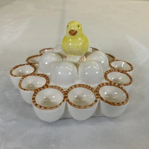 Vintage Ceramic 12 Egg Holder Brown Rim w/Chick Easter Spring Centerpiece Chrty - Picture 1 of 10