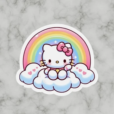 Kitty cat, Cute Fun Pink Rainbow Cloud Hello Adorable Glossy Vinyl sticker Decal - Image 1 of 2