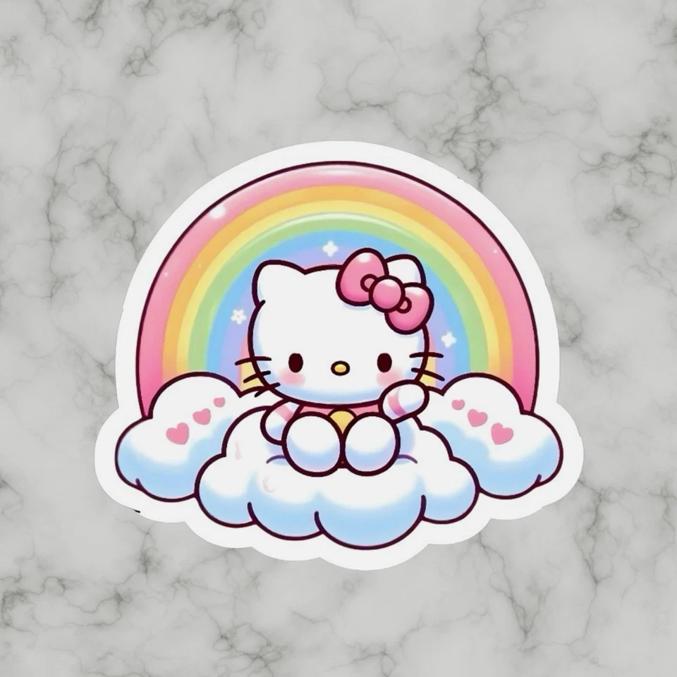 Gatito Gato, Lindo Divertido Rosa Arco Iris Nube Hola Adorable Brillante Vinilo Adhesivo Calcomanía Foto 1 de 2