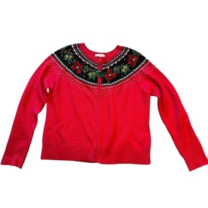 Vintage Womens Red Poinsettia Holiday Ugly Christmas Sweater Zip Cardigan XL - Picture 1 of 5