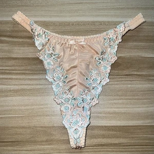 Vintage Victoria's Secret 90's Satin Mesh Thong Panties Embroidered Medium Y2K - Picture 1 of 19