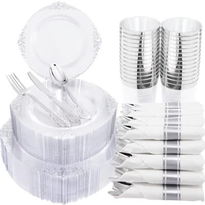 350PCS Clear Silver Plastic Plates - Silver Disposable Plates Include 50 Dinn... - Picture 1 of 9