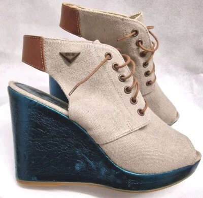 Diesel Metallic Cotton Canvas Wedge Shoes Boots Size 4 Stone Beige Blue - Image 1 of 4