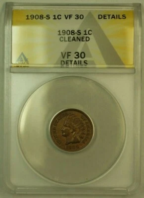 1908-S Indian Head Cent Penny 1c ANACS VF-30 Details Cleaned - Image 1 of 2