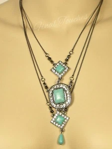 Multi Layer Vintage Turquoise/Rhinestone Pendant Necklace 18" Chain 2" Extender - Picture 1 of 4