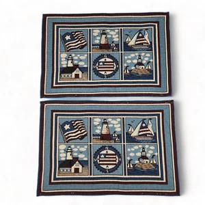 Woven Tapestry Placemats Nautical Lighthouse Design Set of 2 Sailboat Flag - Picture 1 of 7