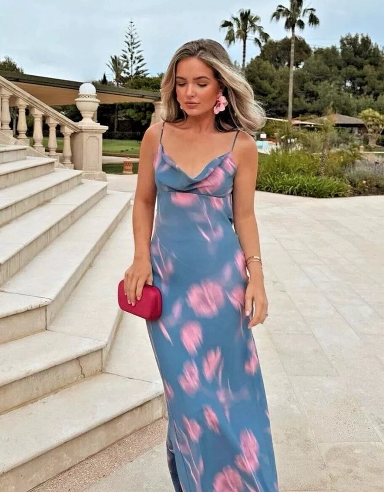 Zara Printed Dress With Cowl Neckline Floral Blue SIZE XS REE 3141/008