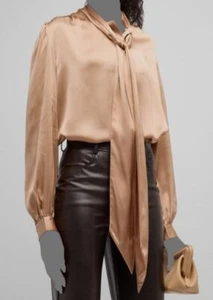 Frame Women's Beige Tie-Neck Long Sleeve Silk Blouse Top Size L - Picture 1 of 4