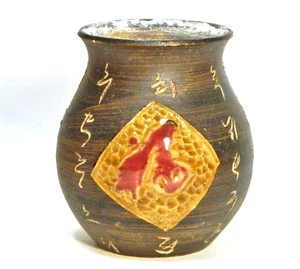 Jarrón de cerámica firmado por artista pez koi maceta asiática marrón - Imagen 1 de 8