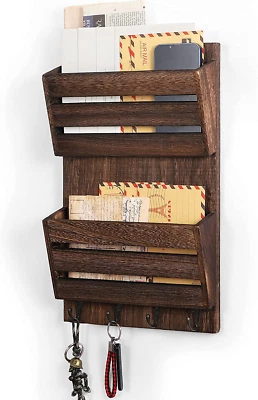 Mail Organizer Wall Mount with Key Hooks 2Slot Wooden Mail Letter and Key Holder - Image 1 of 4