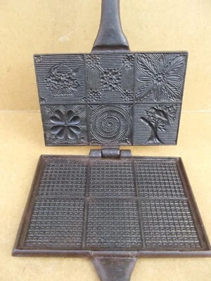 ancien moule à gaufres gaufrettes en fer forgé art populaire XVIII XIX 6 décors - Photo 1/4