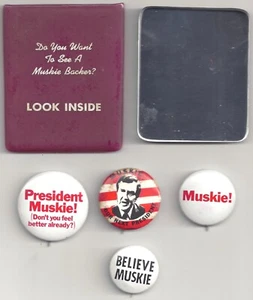 1972 Edmund MUSKIE Pocket Mirror & Pin Lot ~ 4 Pins - Picture 1 of 2