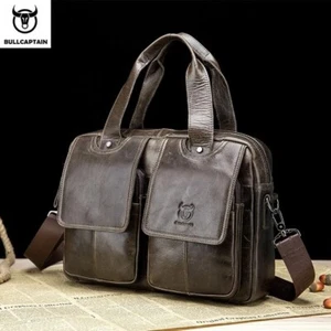 Bullcaptain men genuine cow leather business laptop travel shoulder bag - Picture 1 of 6