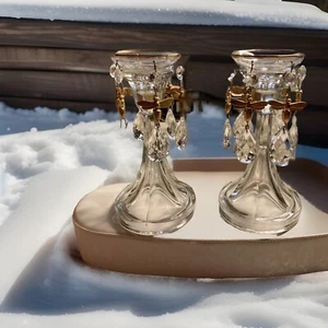Eleganter Vintage Glas Kerzenständer Stabhalter 2 Prisma Schmetterlinge abnehmbar - Bild 1 von 14