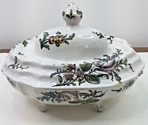 Vintage Ceramic Footed Hand-Painted Floral Tureen with Face Motifs – Antique - Bild 1 von 15