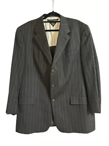 VTG Tommy Hilfiger 46L USA MADE 2Pc 100% Wool Black White Pin Stripes 3 Btn Suit - Picture 1 of 14