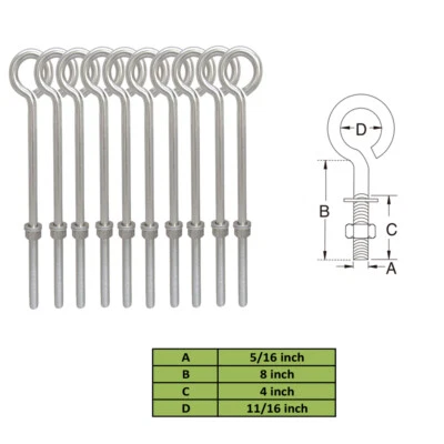 10 Pieces 5/16 Inch x 8 Inch Marine Turned Eye Bolt Nut And Washers Forge Style