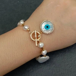 17x22mm Freshwater Cultured White Keshi Pearl White Sea Shell Evil Bracelet - Picture 1 of 6